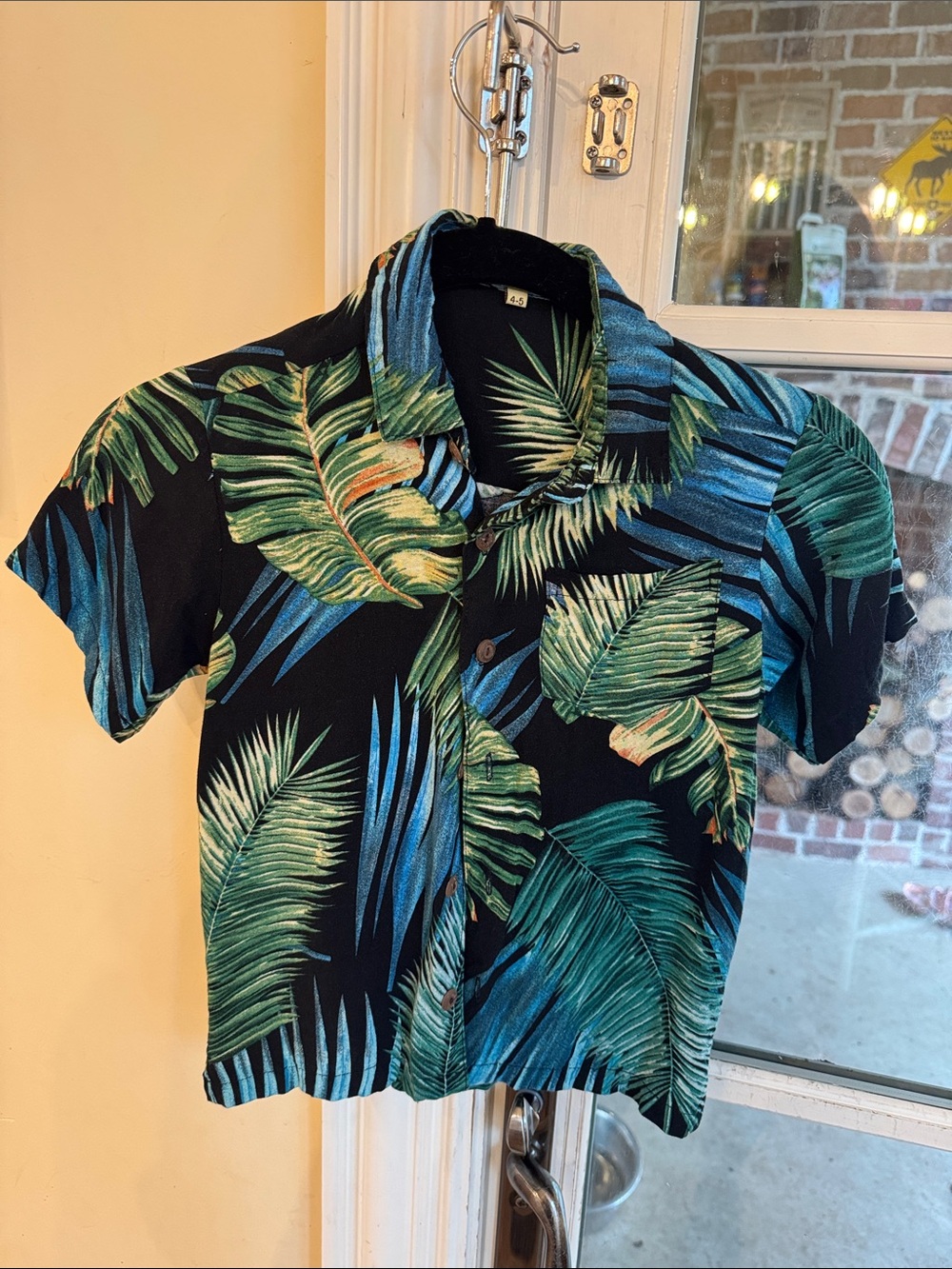 Kids Black Tropical Palm Print Button-Down Shirt Pineapples Hawaii- 4/5